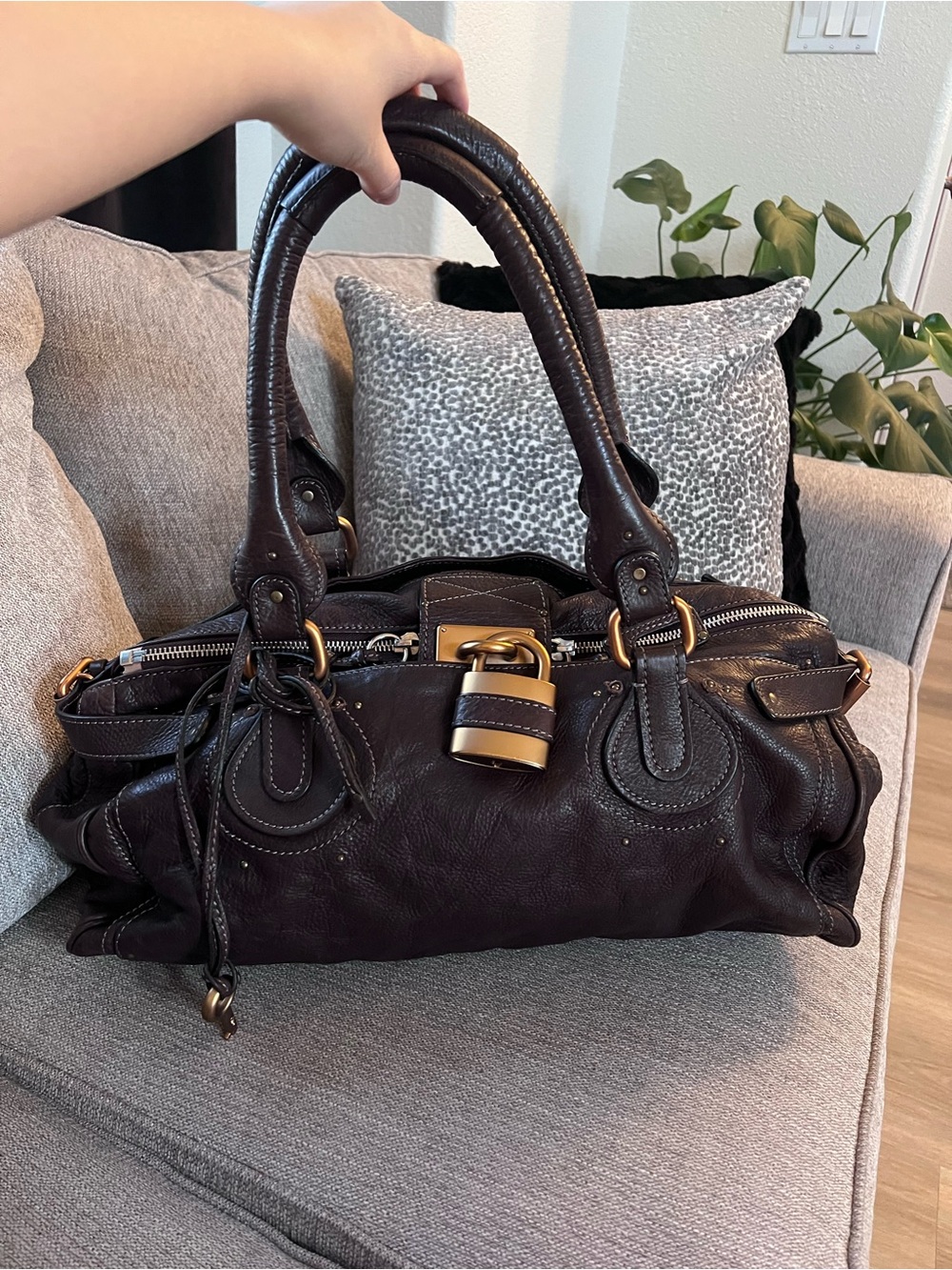 Chloe Paddington Dark Brown Large Leather Handbag with Gold Accents